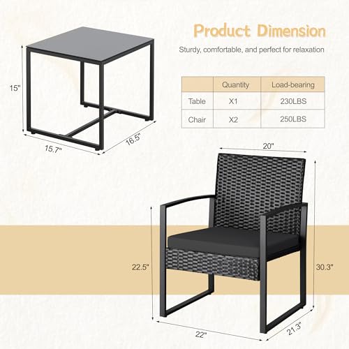 3 Piece Wicker Conversation Bistro Sets Outdoor Patio Set Modern Rattan Chair Furniture Sets with Coffee Table for Yard Garden Porch Lawn (Black)