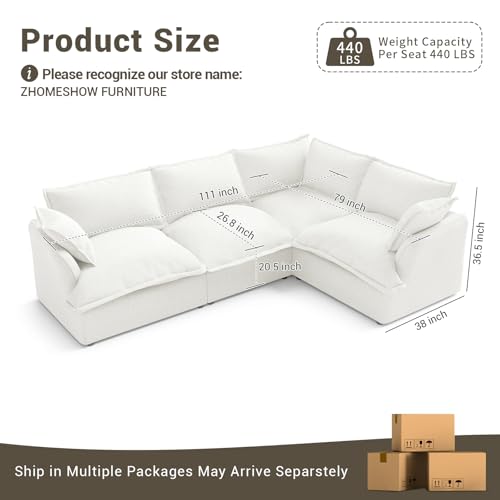 111” Oversized Modular Sectional Sofa, Comfy Down Fill Cloud Couch, L Shaped 4 Seater Couches with Washable Cover, Convertible Sectional Couches for Living Room, Cream White