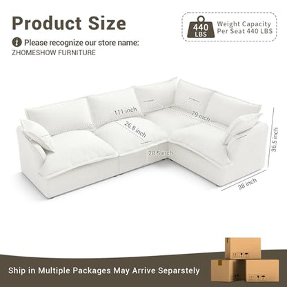 111” Oversized Modular Sectional Sofa, Comfy Down Fill Cloud Couch, L Shaped 4 Seater Couches with Washable Cover, Convertible Sectional Couches for Living Room, Cream White