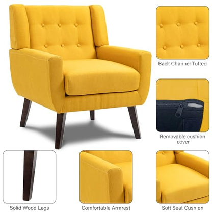 Accent Chair Mid Century Modern Armchair,Comfy Single Sofa for Living Room,Button Tufted Armrest Reading Seat Bedroom Side Sitting for Home Office,Recliner Chair, Home Theater Seating,Yellow