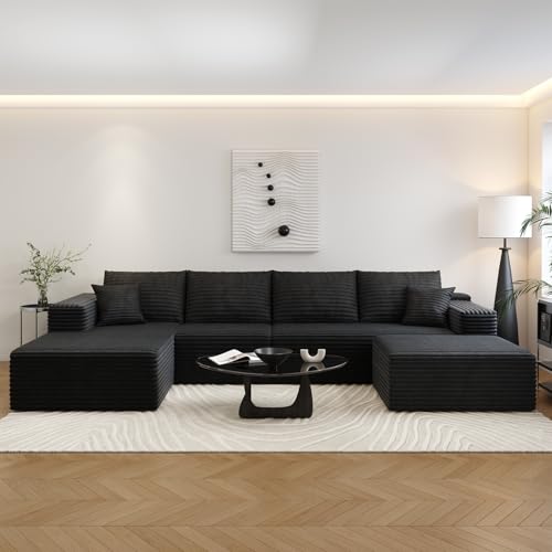 135.4" Cloud Sectional Couch with 1 Ottoman,Modern Modular Sofa with Deep Seat, Comfort U Shaped Sofa Couches for Living Room Bedroom Apartments,No Assembly Required, (Black,Left Facing Chaise)