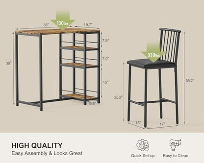 Dining Table Set for 2 with 3 Storage Shelves, Kitchen Table and Chairs for 2 with Pu Cushion Chairs & Thick Wood Top, 3 Piece Dining Table Set for Small Space, Apartment - Retro