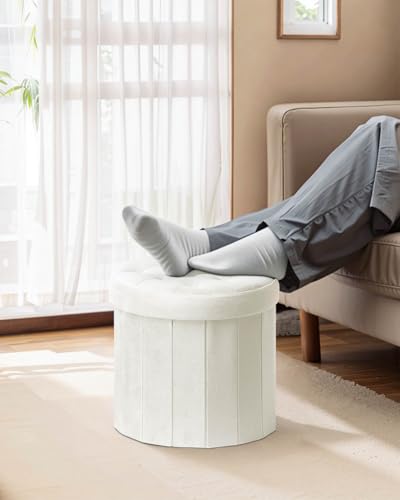 Folding Storage Ottoman Round 15Inch, Foot Stool with Thicker Foam Padded Seat Small Velvet Storage Ottoman Bench Foot Rest for Living Room Foldable Coffee Table,Beige