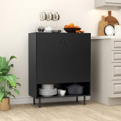 Sideboard Buffet Cabinet, Freestanding Kitchen Storage Cabinet with Doors, Adjustable Shelf & Anti-Tipping Kit, Mid Century Modern Black Buffet Table for Dining Room, Living Room, Entryway