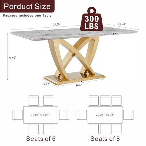 Marble Dining Table for 6 People, 70'' Rectangle Faux Marble Dining Table with Mirrored Stainless Steel Base, Large Size Marble Kitchen Table (Gold,White)(only Table)