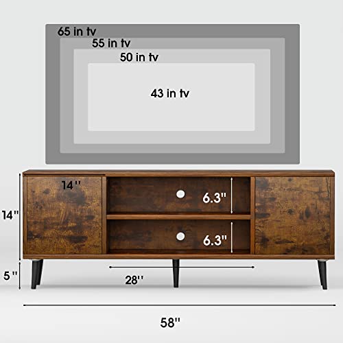 TV Stand for 65 Inch TV, Mid Century Modern TV Stand, Entertainment Center with Storage Cabinet and Open Shelves, TV Console Table Media Cabinet for Living Room, and Bedroom (Rustic Brown)