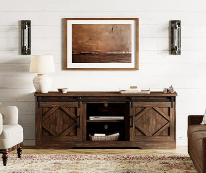 25.6"H Farmhouse TV Stand for 75" TV with Barn Doors& Hidden Storage | 66.1" W Rustic Country-Style TV Cabinet with Smooth Barn Door Slides,Holds 135+ CDs,Height-Adjustable Media Shelf