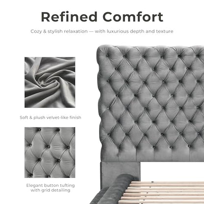 Black Sable fabric step-up bed with oversized headboard and button tufting, view 7
