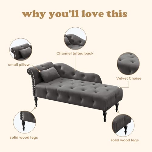 Tufted Upholstered Velvet Rolled Arm Chaise Lounges Indoor Chair, Grey, view 5