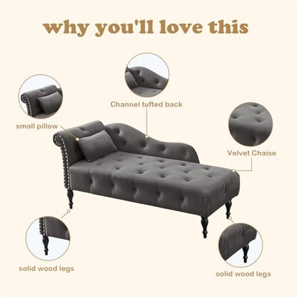 Tufted Upholstered Velvet Rolled Arm Chaise Lounges Indoor Chair, Grey, view 5