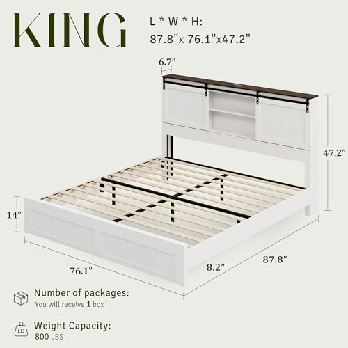 Farmhouse King Size Bed Frame Wood with Headboard Storage, White, view 3