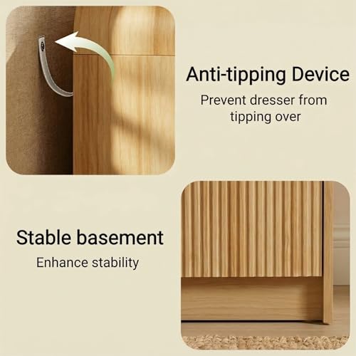 Fluted Wood Dresser with Metal Handles and Curved Profile, Natural Oak, view 5