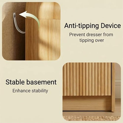 Fluted Wood Dresser with Metal Handles and Curved Profile, Natural Oak, view 5