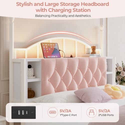 Full Size Upholstered LED Canopy Bed Frame with 2 Drawers and & Charging Station, view 5