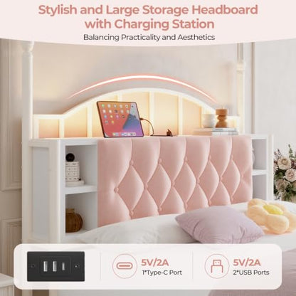 Full Size Upholstered LED Canopy Bed Frame with 2 Drawers and & Charging Station, view 5