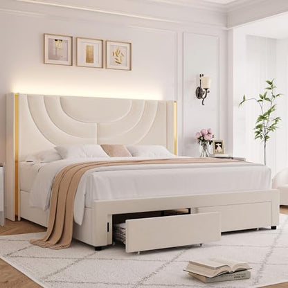 Queen Upholstered LED Bed Frame with 2 Storage Drawers, Velvet Platform Bed with Wingback Headboard, Solid Wooden Slats Support, No Box Spring Needed, Headboard Splicing Design, Beige