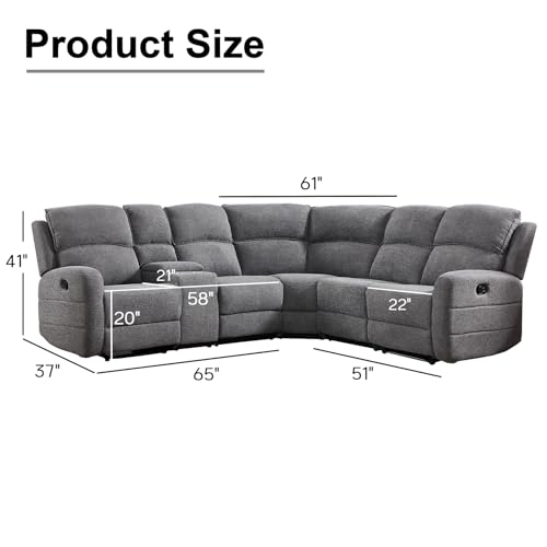 Fabric L-Shaped Reclining Sectional Sofa Couch for Living Room, Manual Recliner Oversized Sofa, with Padded Headrest, 2 Cup Holders, Storage Space, 5-Seater Home Furniture Set, Grey