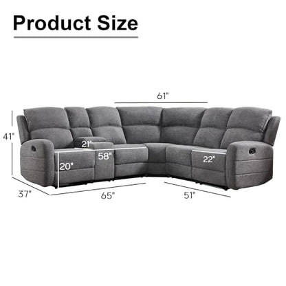 Fabric L-Shaped Reclining Sectional Sofa Couch for Living Room, Manual Recliner Oversized Sofa, with Padded Headrest, 2 Cup Holders, Storage Space, 5-Seater Home Furniture Set, Grey