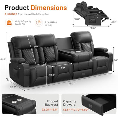 Recliner Sofa, 4 Seater Dual Reclining Sofa with Flip Back Console, Modern PU Leather Recliner Couch for Living Room/RV, with Storage Drawer, USB Ports, Cup Holder, Cell Phone Holder, Black