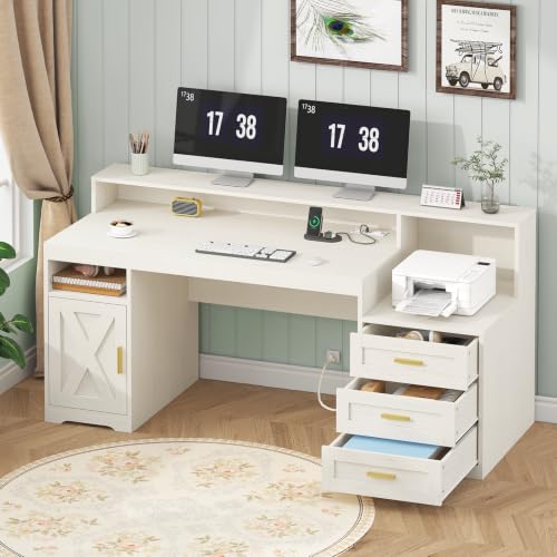 65" White Computer Desk with Drawers and Printer Stand for Home Office, view 2