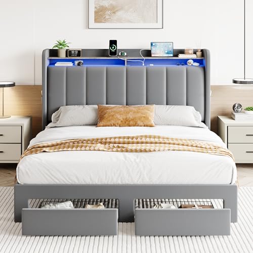 Velvet Queen Bed Frame with Vertical Channel Tufted Wingback Headboard & 2 Storage Drawers/2-Tier Shelves with LED Lights & Charging Station/Noise-Free/No Box Spring Needed/Light Grey