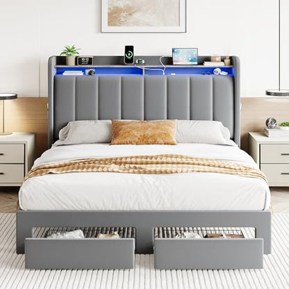 Velvet Queen Bed Frame with Vertical Channel Tufted Wingback Headboard & 2 Storage Drawers/2-Tier Shelves with LED Lights & Charging Station/Noise-Free/No Box Spring Needed/Light Grey