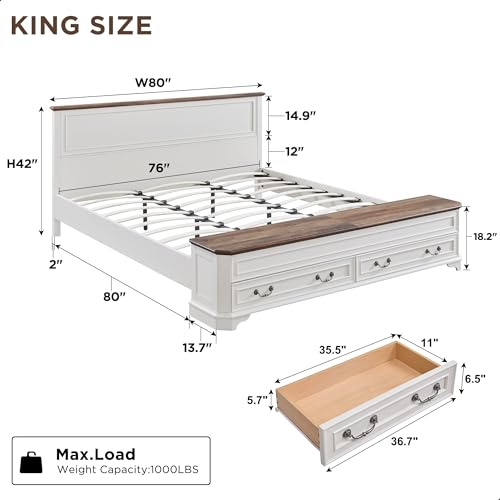 Farmhouse King Bed with Headboard and Storage Bench, Antique White, view 3