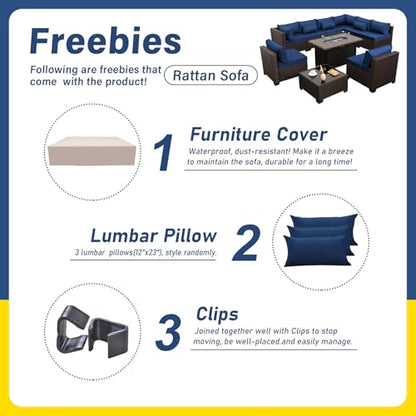 10 Pieces Wicker Patio Furniture Set with Patio Glass Table Outdoor Sectional Conversation Sofa Set with 43 inches Fire Pit Table and Non-Slip Cushione, Navy Blue