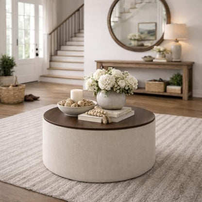 Modern Fabric Storage Ottoman with Wood Top - Stain-Resistant Cream Woven 30 x 30 inch