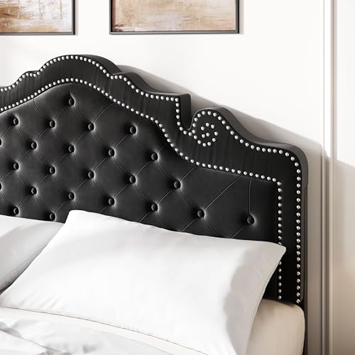 Queen Bed Frame with Adjustable Headboard/Velvet Upholstered/Diamond Button, view 5