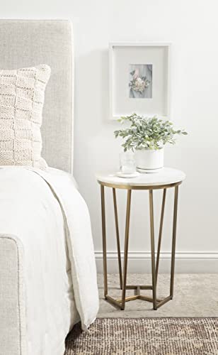 Solvay Round Metal and Marble Side Table; 16 x 16 x 24; White Marble and Antique Brass; Modern Glam Bedroom Nightstand Table with Premium Natural Marble Stone and Iron Base