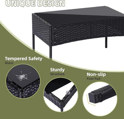 Patio Furniture Set 4 Pieces, Outdoor Rattan Furniture with Tempered Glass Coffee Table, Modern Rattan Patio Chairs Conversation Sets with Sofa for Garden, Terrace, Porch, Lawns