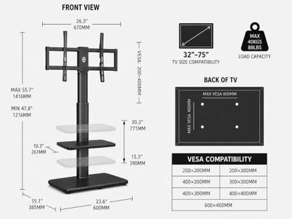 Floor TV Stand for Bedroom, Living Room, Tall Corner TV Stands for TVs 32 37 43 50 55 60 65 75 Inch Swivel TV Mount Stand with Height Adjustable Shelf Upgrade Sturdy Wood Base, Black