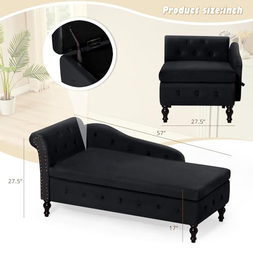 Velvet Chaise Lounge w/Left Armrest & Storage Space, Black, view 3
