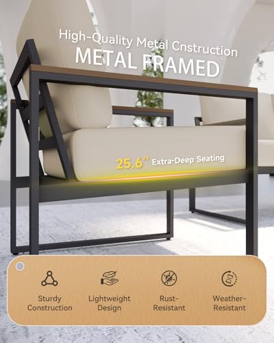 Patio Furniture Set, 4 Piece Outdoor Patio Furniture with Thick Cushions, Modern Metal Outdoor Conversation Sets with Coffee Table for Porch, Balcony, Deck Beige