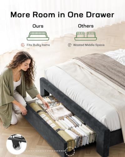Queen Bed Frame with Storage Drawer, Queen Upholstered Bed Frame with Headboard, view 4