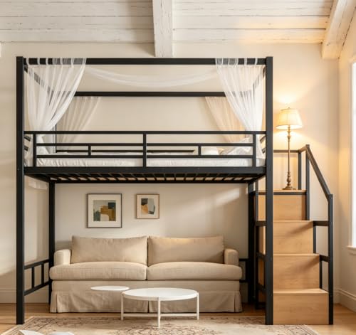 Queen loft Bed with Storage Stairs, Wardrobe, LED, Canopy Support Pole, view 5