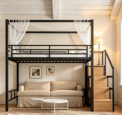 Queen loft Bed with Storage Stairs, Wardrobe, LED, Canopy Support Pole, view 5