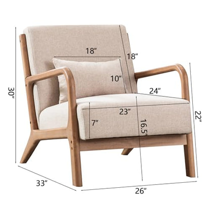 Mid Century Modern Accent Chair with Wood Frame, Upholstered Living Room Chairs with Waist Cushion, Reading Armchair for Bedroom Sunroom (Beige)