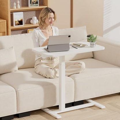 Small Standing Desk with Hidden Wheels, Pneumatic Mobile Rolling Laptop Desk, Adjustable Height Overbed Bedside Table Computer Workstation for Home Office (32" W x 16" D, White)