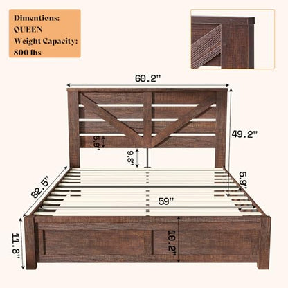 Farmhouse Queen Size Bed Frame with 49" Barn Door Headboard, Brown, view 3