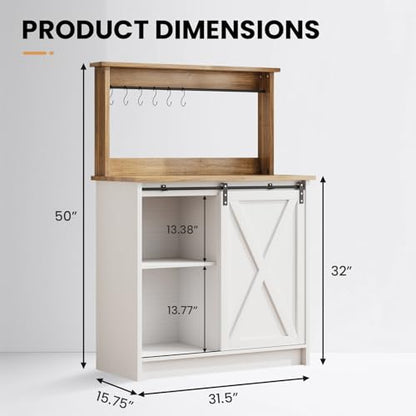 31" Farmhouse Coffee Bar Cabinet with Storage Hutch, White, view 3