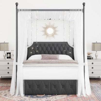 Full Upholstered Canopy Bed Frame with 2 Storage Drawers & Button Tufted, view 4