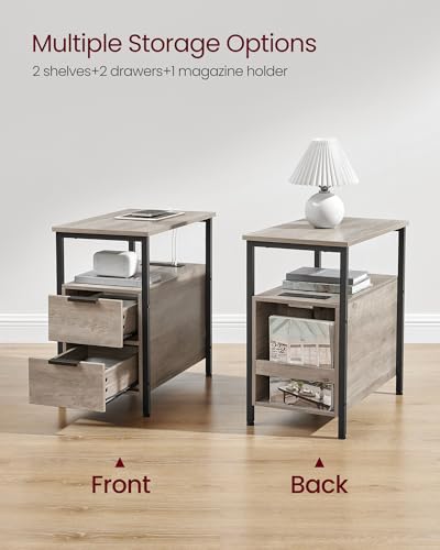 VASAGLE Side End Table with Charging Station, Slim Nightstand with 2 Drawers, Narrow Bedside Table for Living Room, Small Spaces, Heather Greige and Ink Black ULET321B02V1S