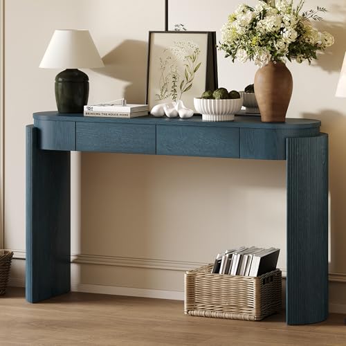 Modern Entryway Console Table with Storage Drawers, 55.1-Inch Oval Fluted Slim Entry Sofa Table for Living Room Entrance Hallway, Navy