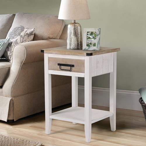 Farmhouse Bedside Table Set of 2, Rustic Nightstand with Drawers and Open Shelf, Side Table End Tables for Bedroom/Living Room/Lounge (Vintage White)