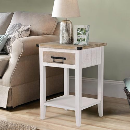 Farmhouse Bedside Table Set of 2, Rustic Nightstand with Drawers and Open Shelf, Side Table End Tables for Bedroom/Living Room/Lounge (Vintage White)