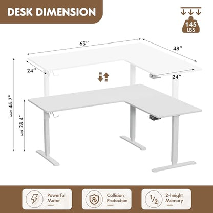 63 x 55 Inch L Shaped Standing Desk with 2 Preset Heights, Electric Height Adjustable Computer Table, 2 Hooks & Feet Balance, Corner Sit Stand Desk for Home Office (White, 63 x 55 Inch)