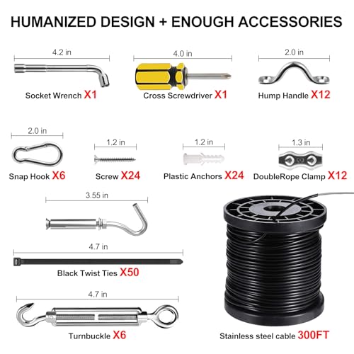 String Light Hanging Kits, 300FT Coated Stainless Steel 304 Wire Rope, Outdoor Light Guide Wire, Globe String Light Suspension Kit Included Turnbuckles, Enough Accessories, Use Manual