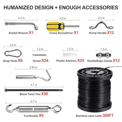 String Light Hanging Kits, 300FT Coated Stainless Steel 304 Wire Rope, Outdoor Light Guide Wire, Globe String Light Suspension Kit Included Turnbuckles, Enough Accessories, Use Manual